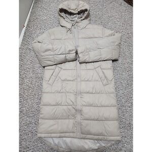 GAP Jacket M Tall Hooded Long Puffer Coat Water Resistant Primaloft Beige